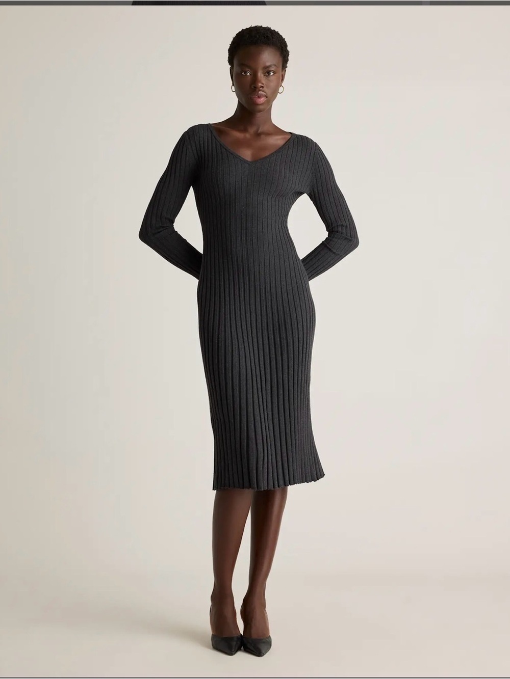 Quince Organic Cotton Cashmere Grey Ribbed Midi Dress Back Tie V Neck Women’s L